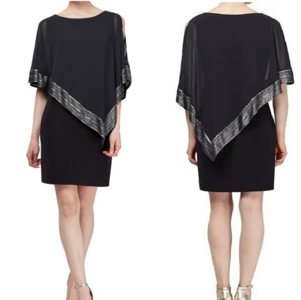 NWT SLNY Black Silver Foil Trim Asymmetrical Popover Cape Cocktail Dress 6
